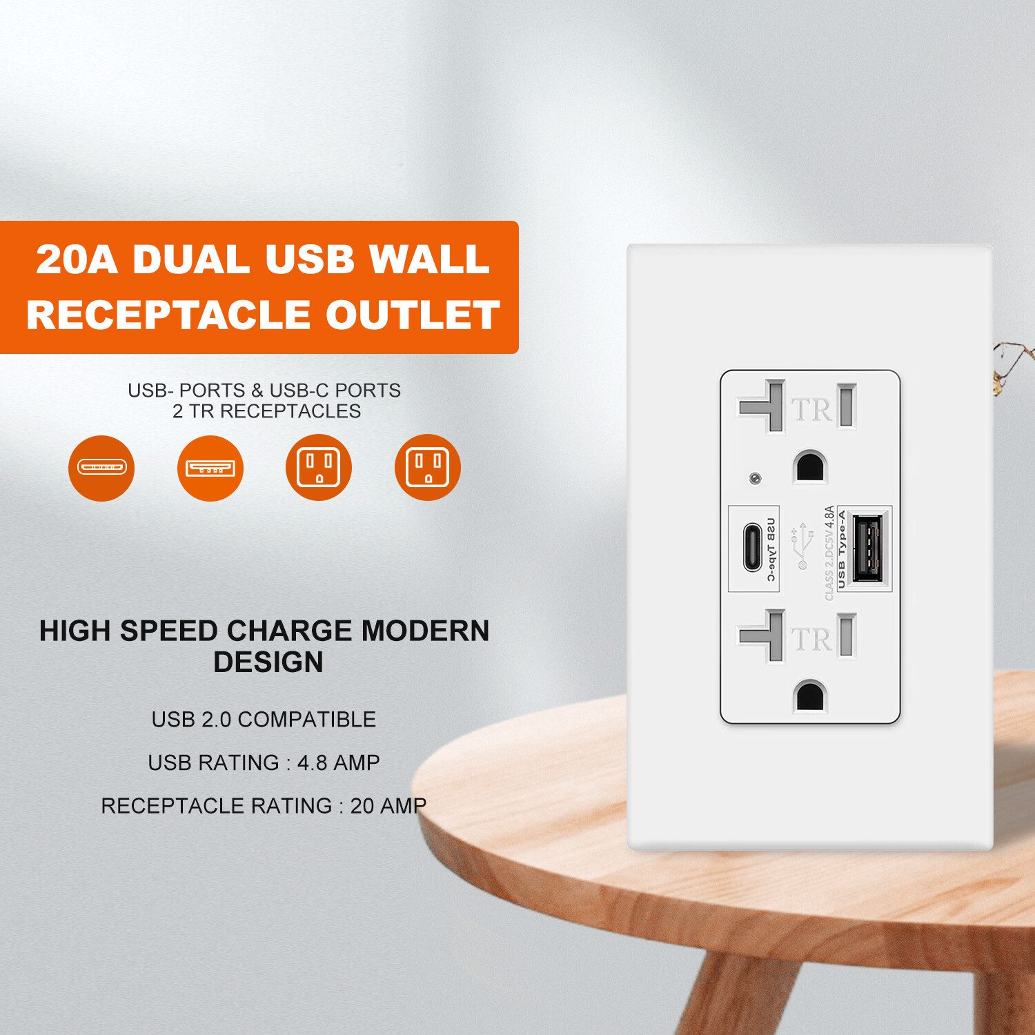 2Pack USB C Outlet PD 24W Power Delivery Duplex Receptacle 4.8A 20 Amp,UL Listed gallery