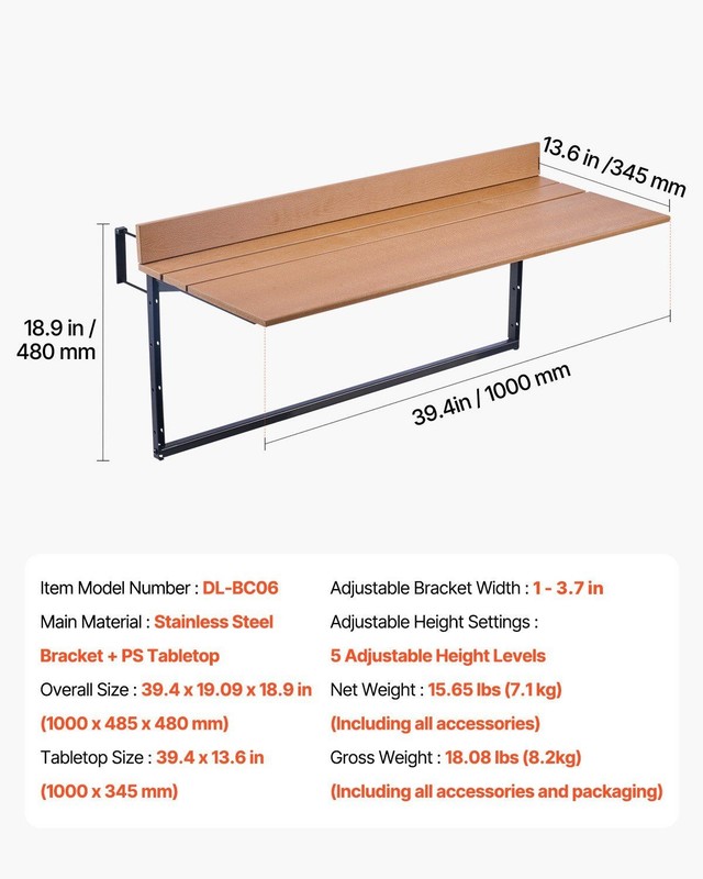 Foldable Balcony Railing Table 15x39in 5-Level Height Adjustable 50lb Capacity gallery