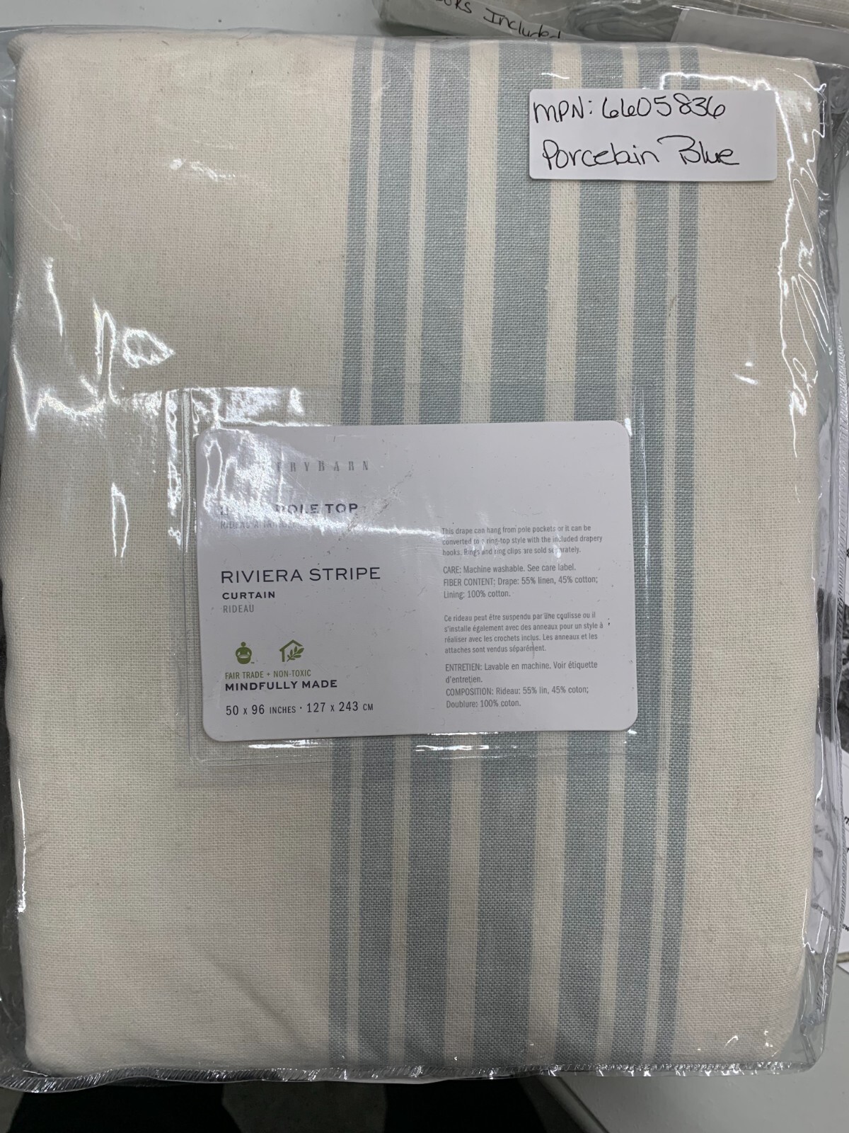 Pottery Barn Riviera Striped Cotton Lined Drape Panel Porcelain 50x 96" 7955C gallery