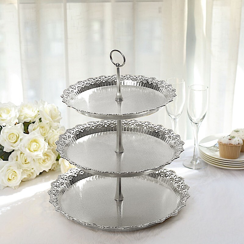 15" Metallic Silver 3 Tier Plastic Cupcake Stand Round Tower Lace Cut Trim Party gallery