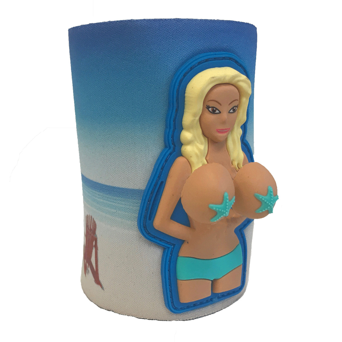 Bobblehead Style Motorboating Can Koozie Huggie Cooler Black Hair, Red Bottoms gallery