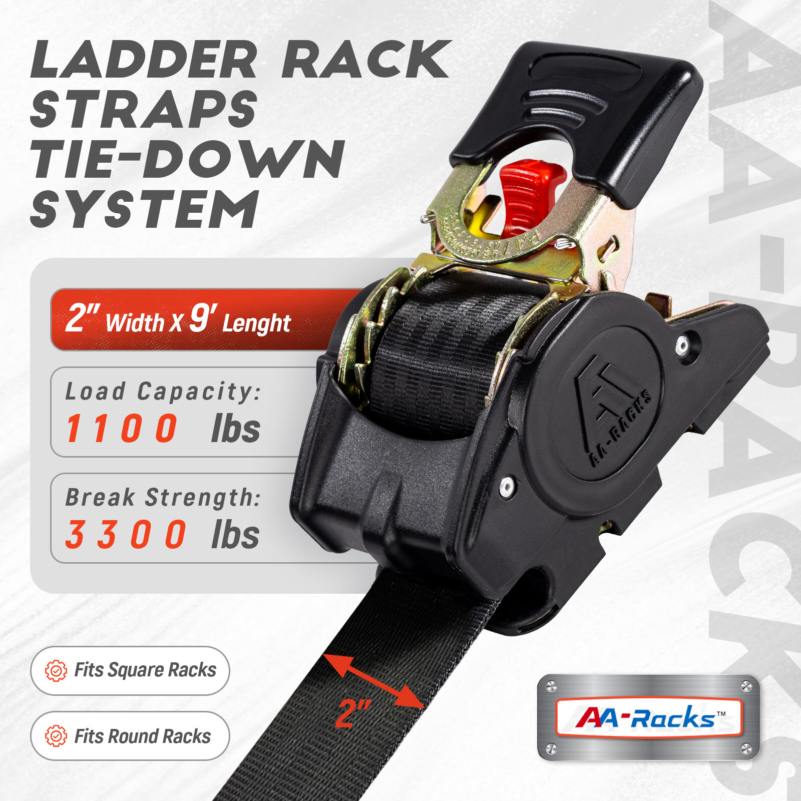 AA-Racks Heavy Duty Retractable Ratchet Straps (2 Pack) - 2 Inch x 9 Ft 3300lbs gallery