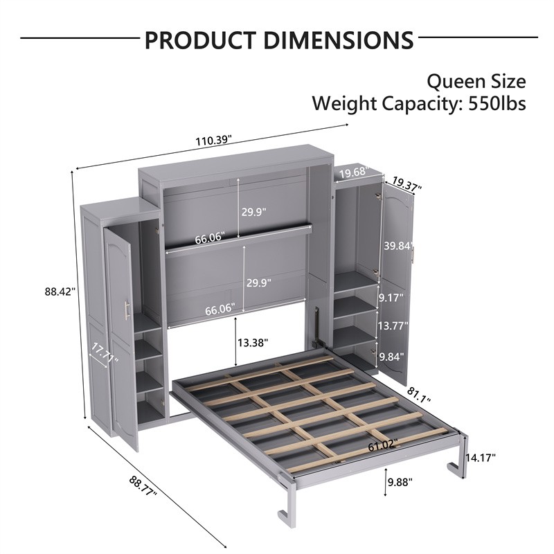 Queen Size Murphy Wall Bed with 2 Wardrobe &Storage Shelf for Guest-Room Bedroom gallery