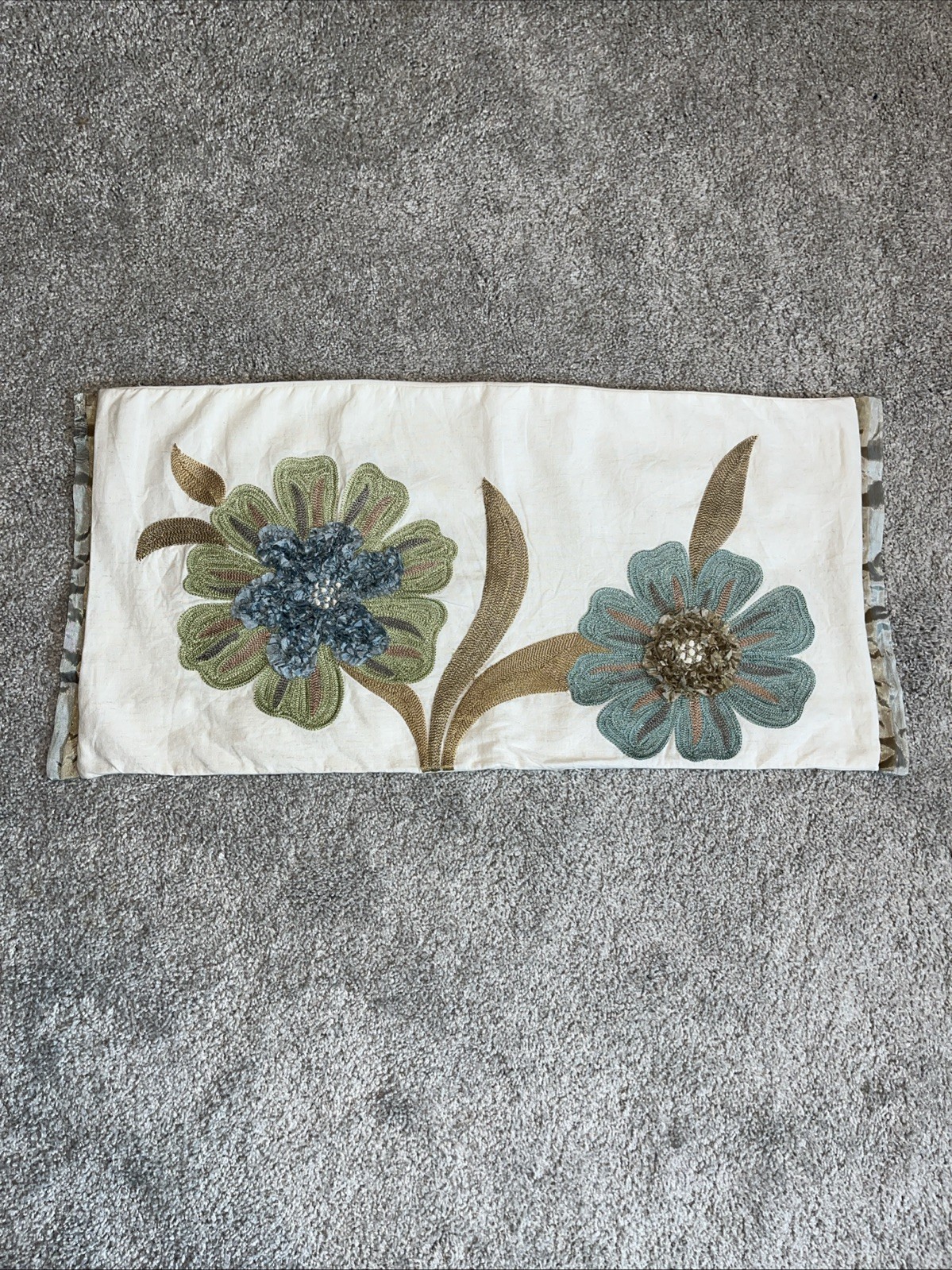 Pier One Blue Green Embroidery Appliqué Flower Bolster Lumbar Throw Pillow Cover gallery