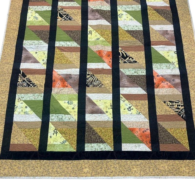 Handmade Patchwork Quilt Throw Asian Geometric Triangles Sashing Signed 2012 gallery