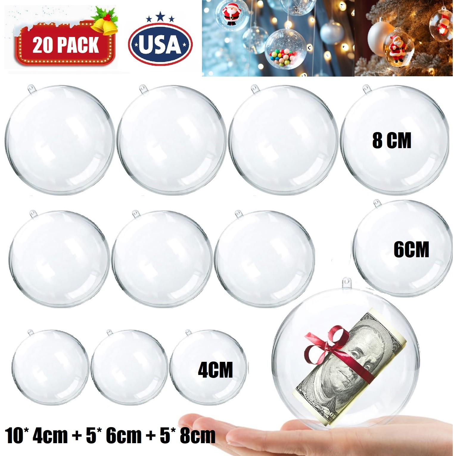 20 Pcs Fillable Clear Christmas Tree Gift Ball Sphere Ornament Bauble 4/6/8cm US gallery
