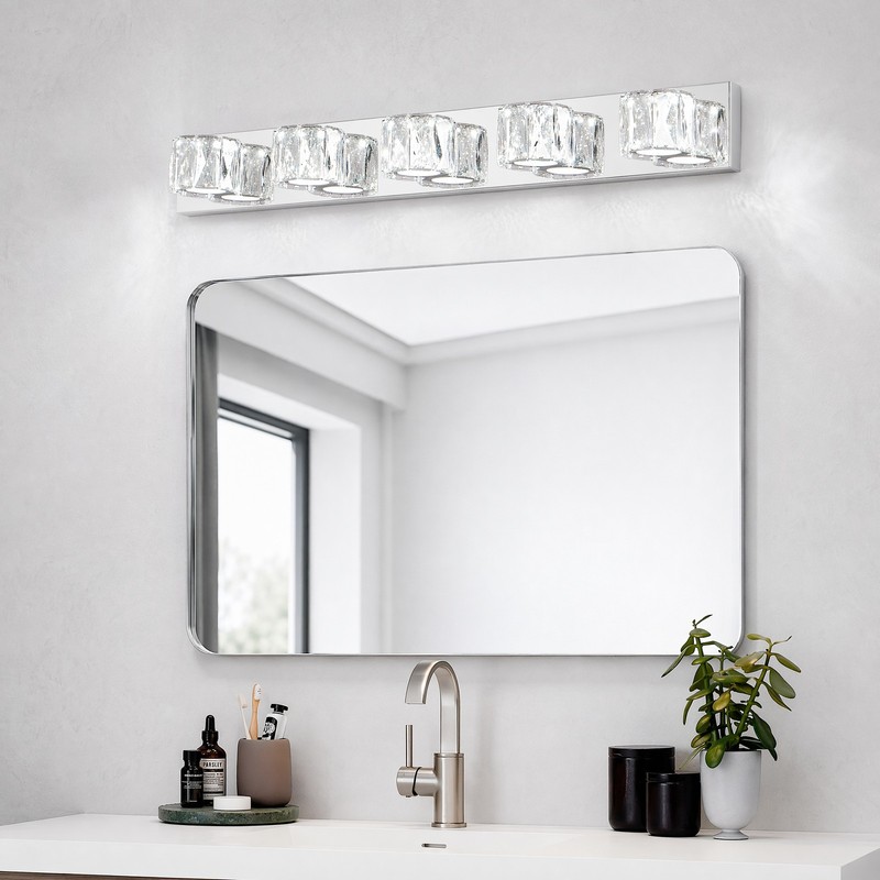35 inch 5 Light Chrome Crystal LED Vanity Bathroom Mirror Wall Sconce Fixture gallery