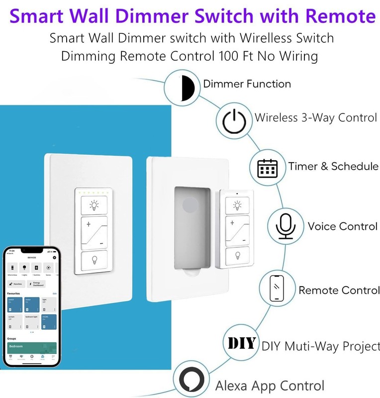 Smart Dimmer Switch with Remote Wireless 3-Way/4-Way Remote Work with Alexa gallery