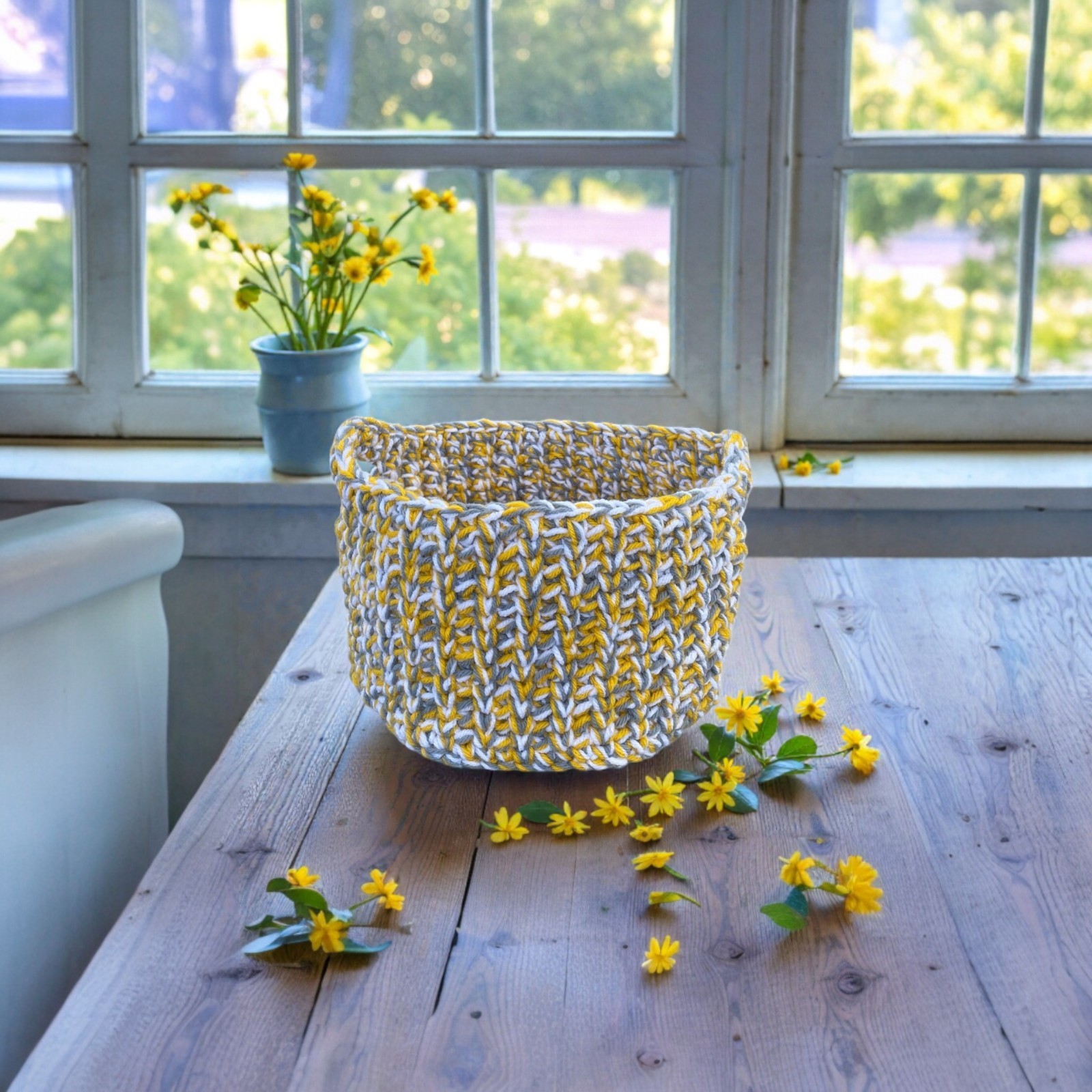 Handmade Crochet Basket Yellow, Gray, and White Multi-Use Storage With Handles gallery