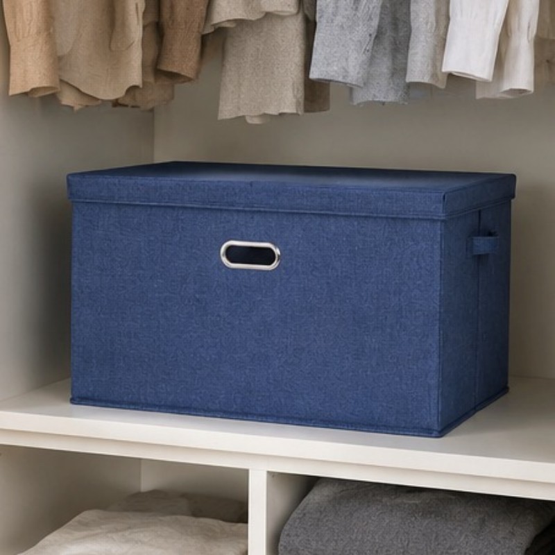 Large Foldable Storage Box with Lid Linen Fabric Closet Organizer Bin Blue 23 in gallery