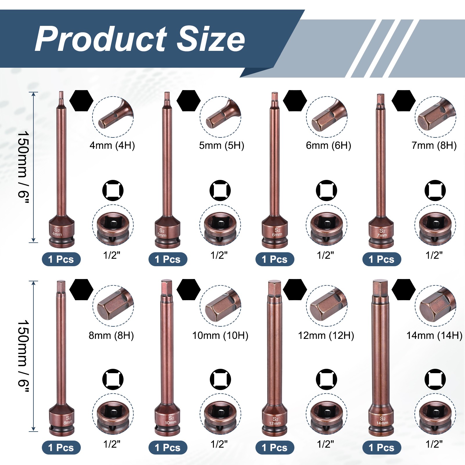 8pcs 1/2" Drive 6" Impact Hex Bit Socket 4+5+6+7+8+10+12+14mm Hexagonal Socket gallery