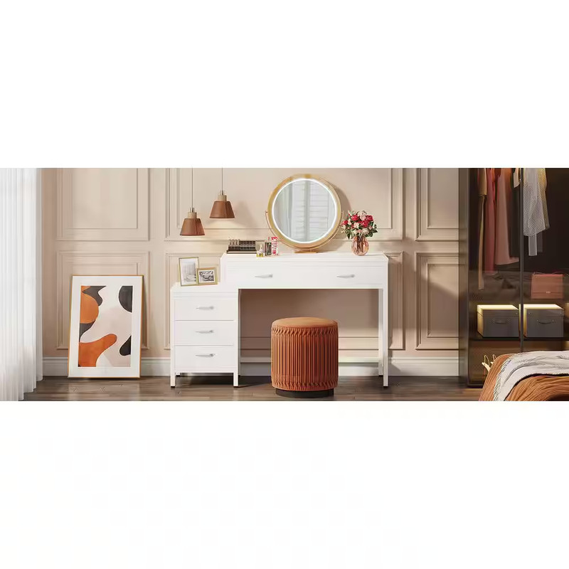 Moronia 51 In. Retangular White Computer Desk 5-Storage Drawers Home Office Stud gallery