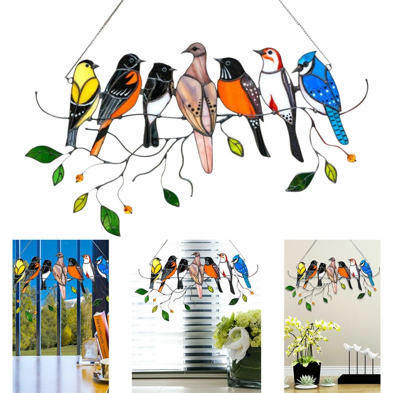 Multicolor 7 Birds on a Wire High Suncatcher Window Panel Hanging Home Decor gallery