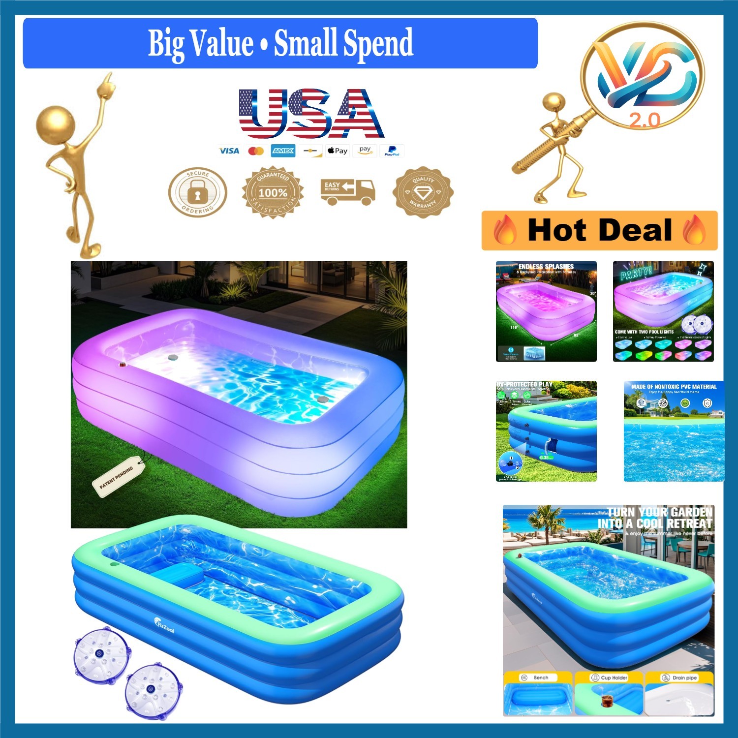 Inflatable Pool with Lights, 110x63x20in Adults Large, Cyan, Durable PVC gallery