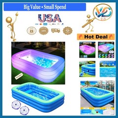 Inflatable Pool with Lights, 110x63x20in Adults Large, Cyan, Durable PVC