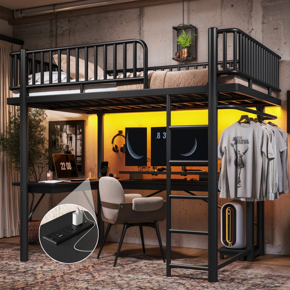 Modern Full/Queen Size Loft Bed w/L-Shaped Desk,LED Light Strip & Charge Station gallery