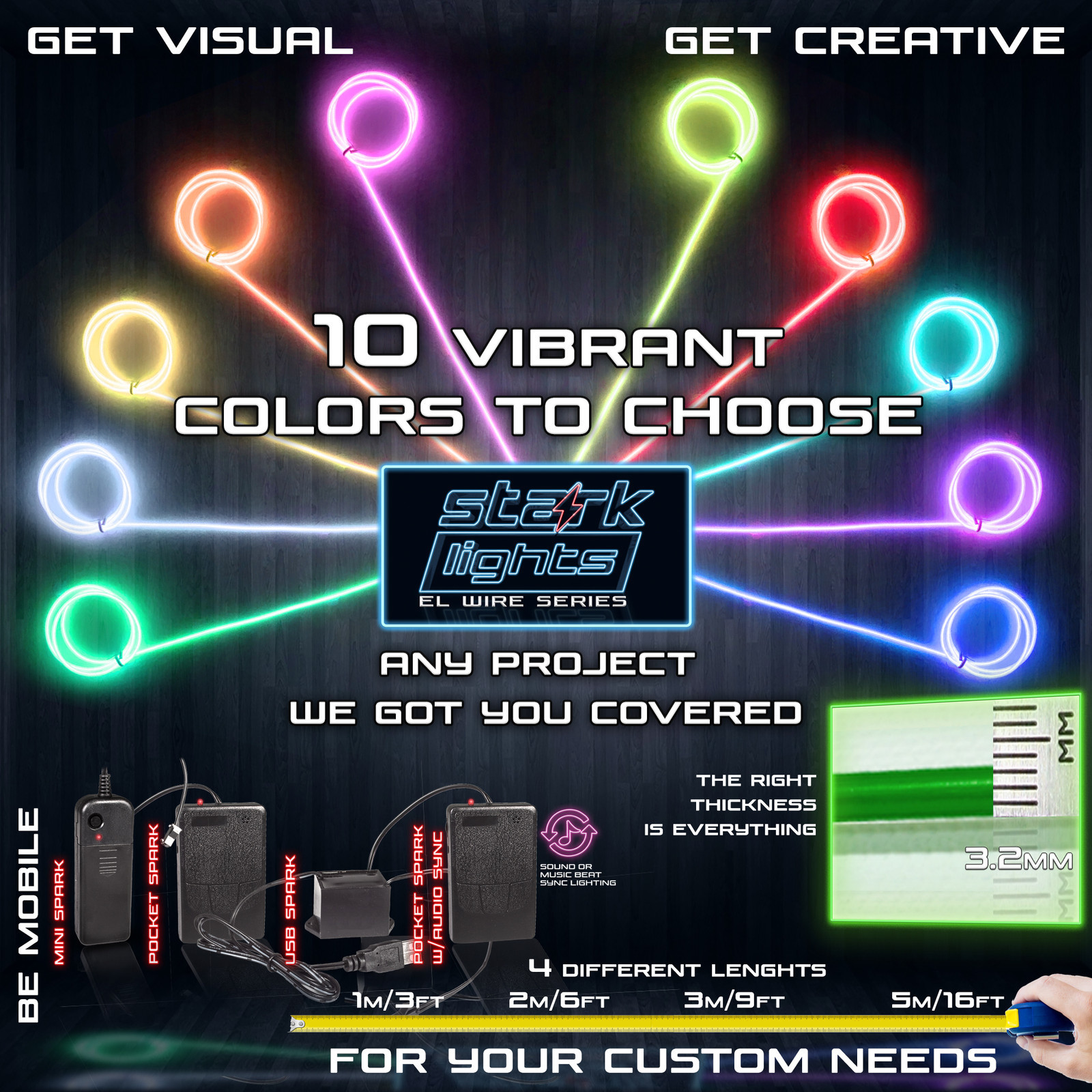 Neon LED Light Glow EL Wire + Control String Strip Rope Tube Decor - 3.2mm Thick gallery