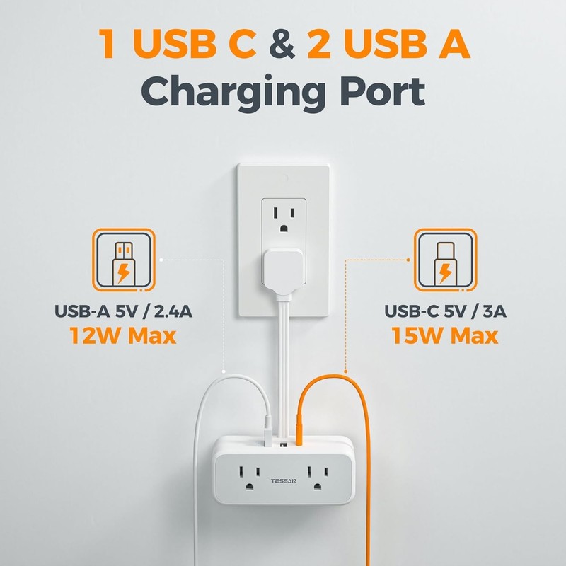 4 Outlet Extender Power Strip Flat Plug Extension Cord 3 USB (1 USB C）0.54ft gallery