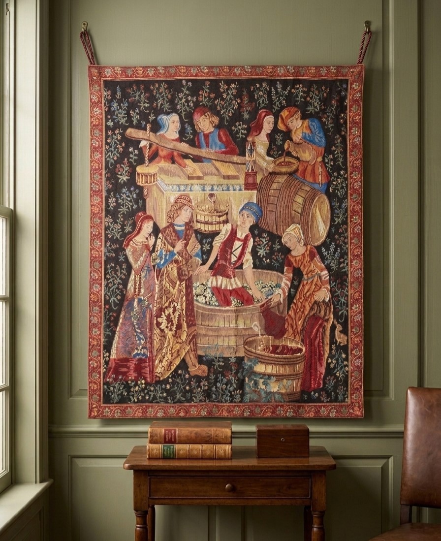 Vintage Craye Flemish Tapestry Le Pressoir Wine Wall Hanging 90x72cm 35x28" gallery
