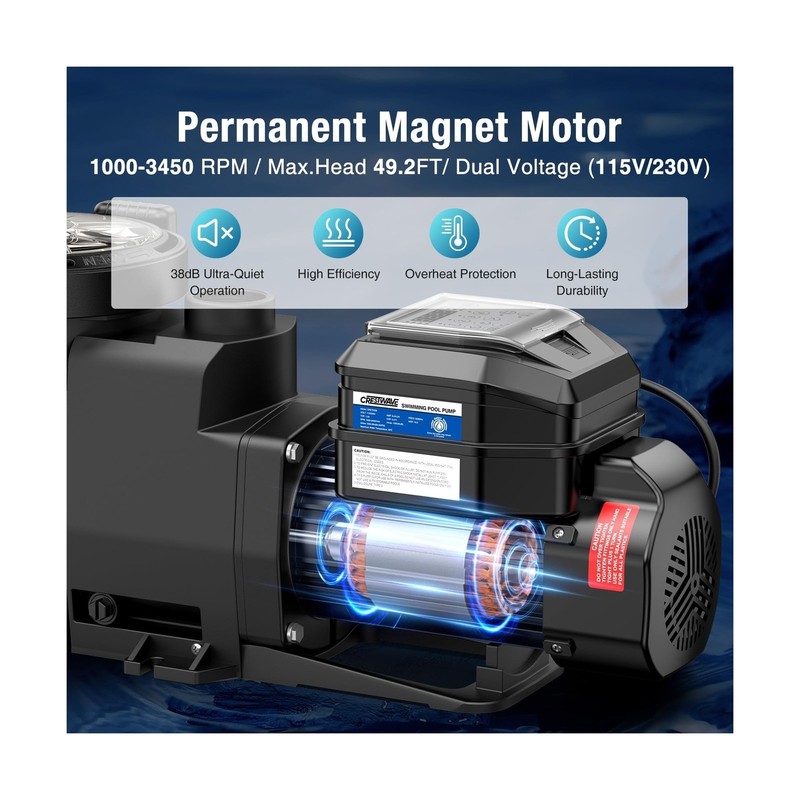 CrestWave Smart Variable Speed Pool Pump 1.5HP, Smart Life APP Control, 38 dB... gallery