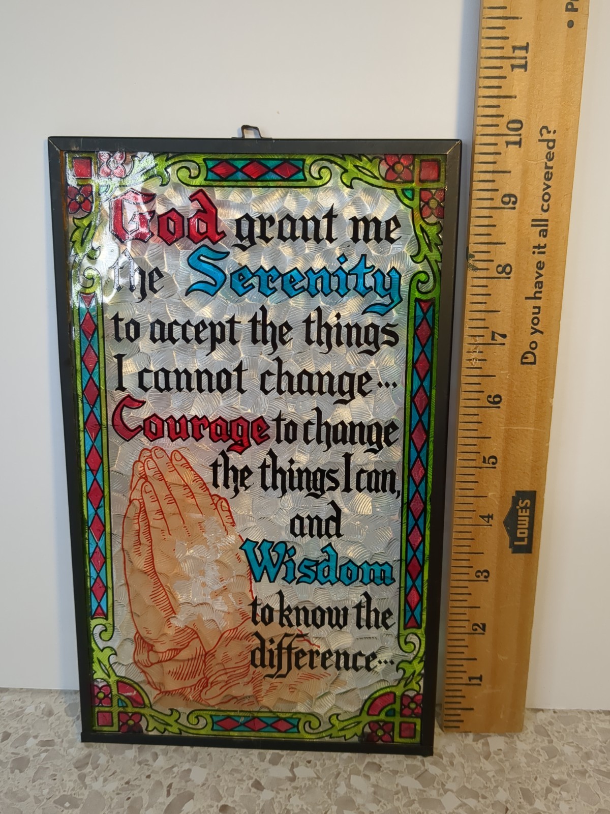 VINTAGE Painted GLASS SUNCATCHER PRAYING HANDS Serenity Prayer Window Hanger gallery