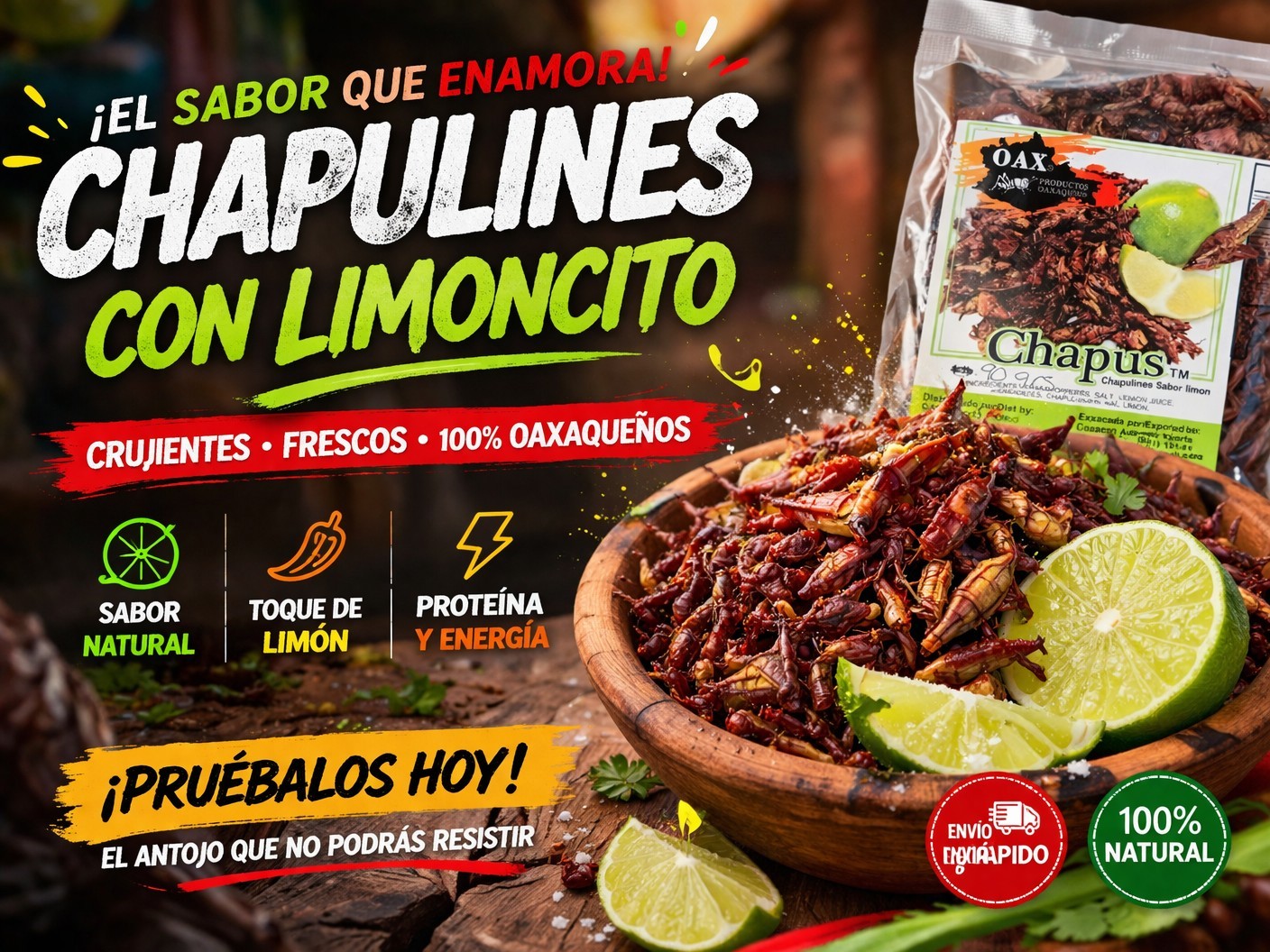 90 GR FRESH CHAPULINES CON LIMONCITO 🍋‍🟩 (grasshoppers w/lime) from OAXACA gallery