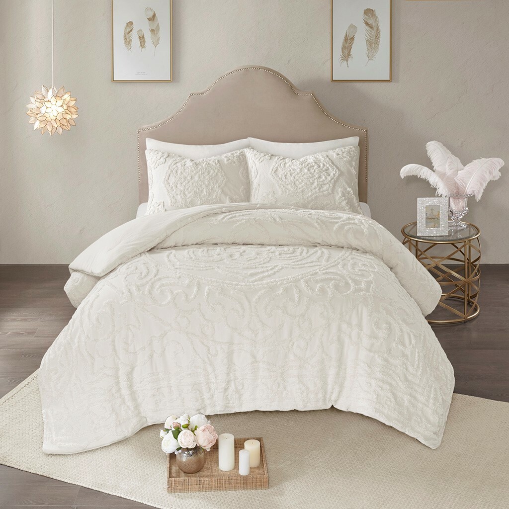 IVORY CHENILLE VINTAGE PLUSH COTTON 3pc COMFORTER SET: Queen, King or Cal King gallery
