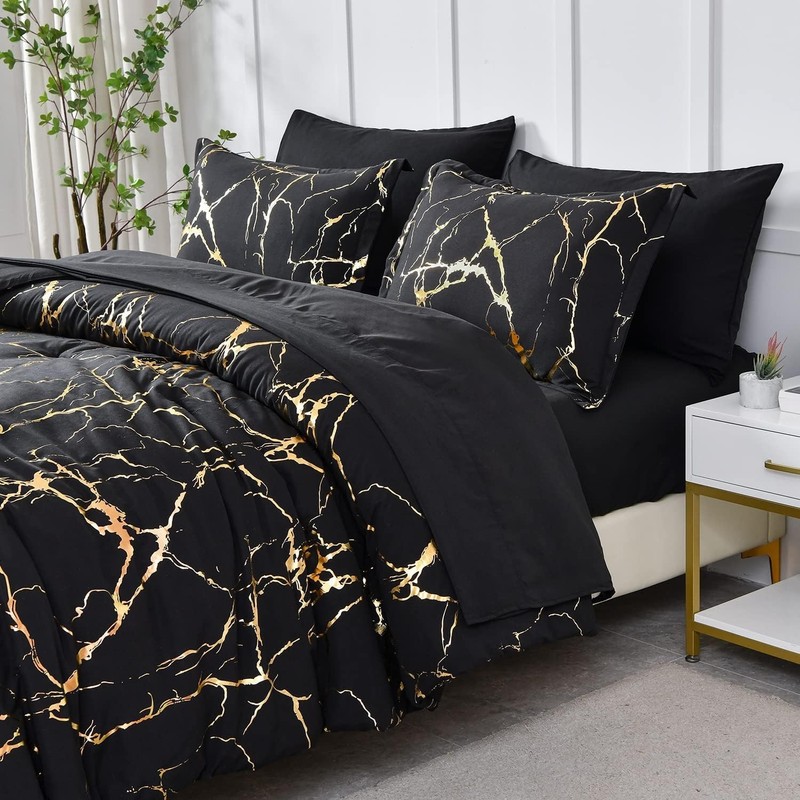 Gold Metallic Marble Comforter Set Queen Size,7 Piece Bed in a Bag,Foil Print... gallery
