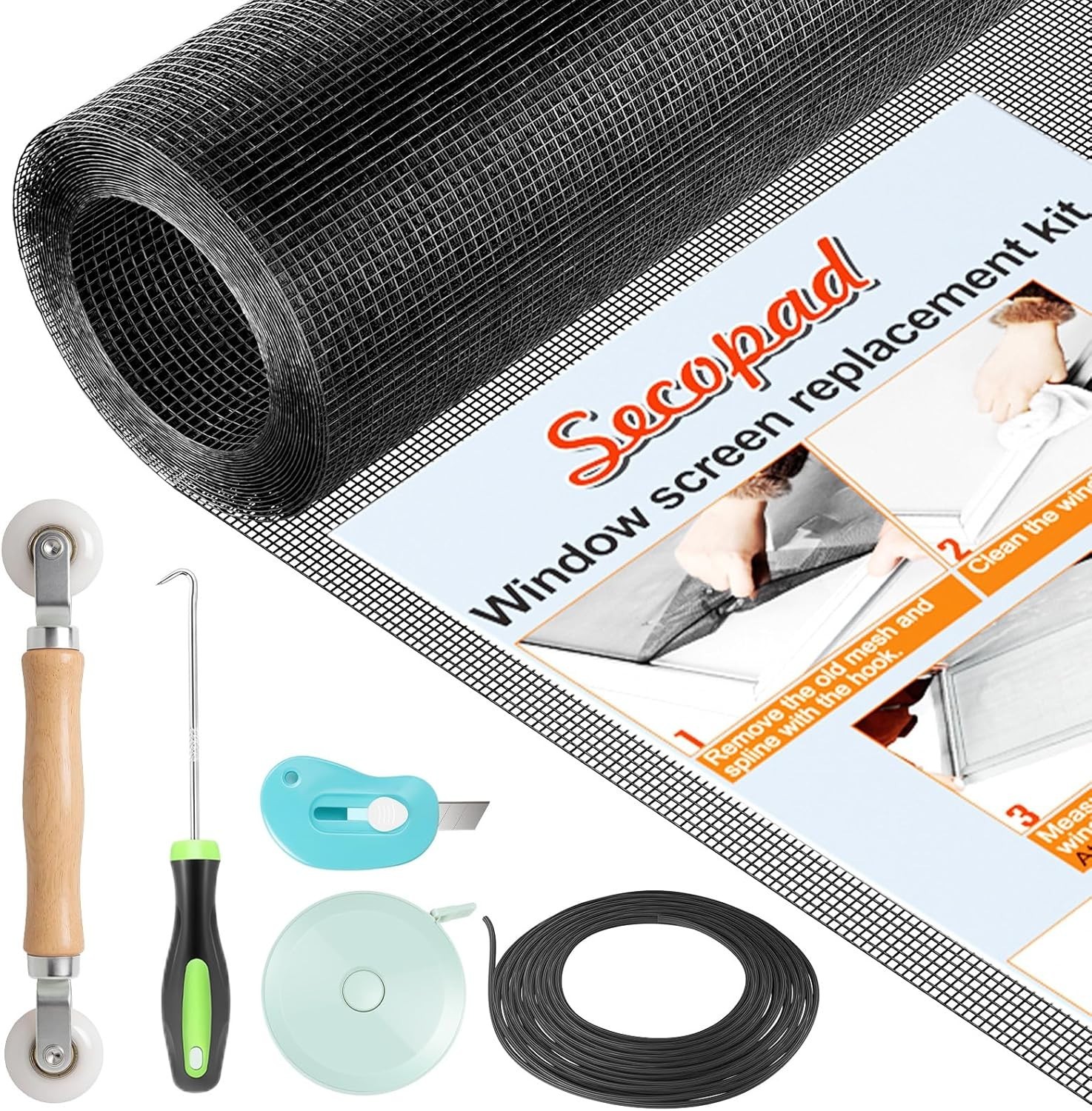 Window Screen Repair Kit 39x78 Fiberglass Mesh Roll for Door Window Black gallery