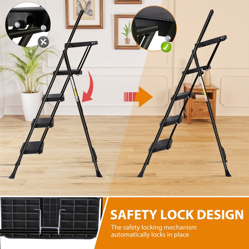4 Step Ladder w/Tool Tray Folding Step Stool w/ Wide Non-Slip Pedal 330lbs Black gallery