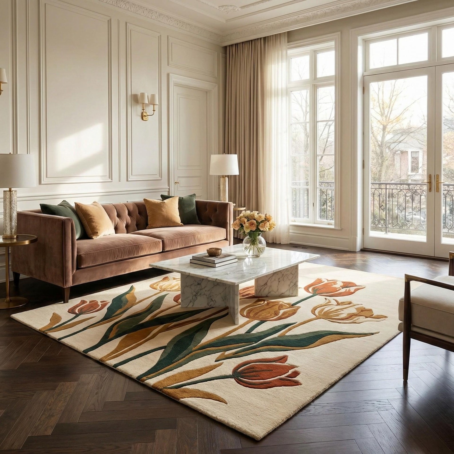 Hand Tufted Wool Rug 3D Floral Tulip Textured Terracotta Green Cream Area Rug gallery