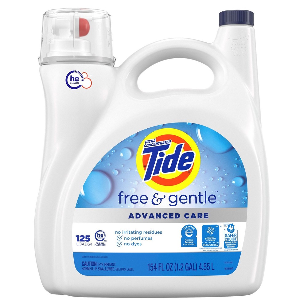 Tide Advanced Care Liquid Laundry Detergent, Free & Gentle, 125 Loads, 154 fl oz