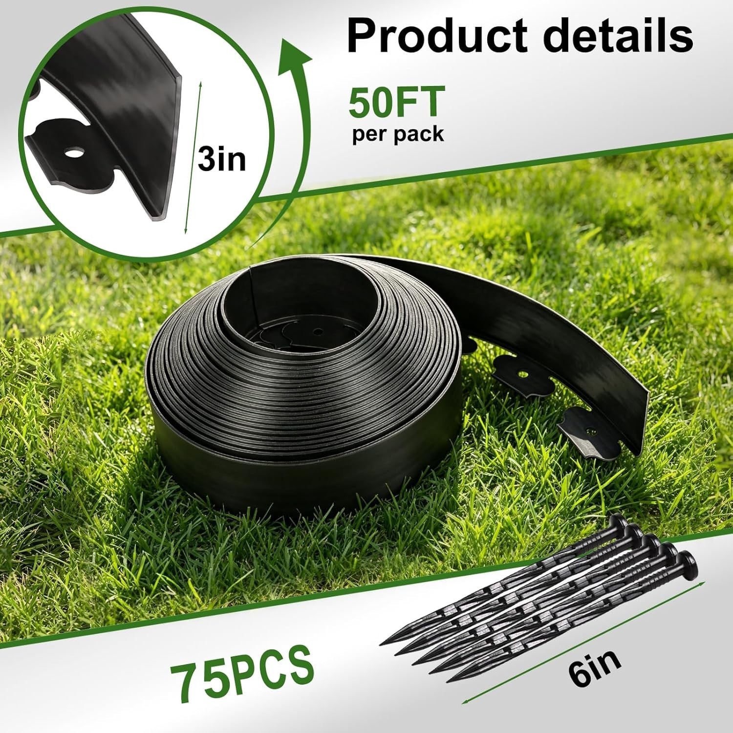 3 Inch x 50 FT Plastic Garden Landscape Edging Border Roll With 75 PCS Spikes gallery