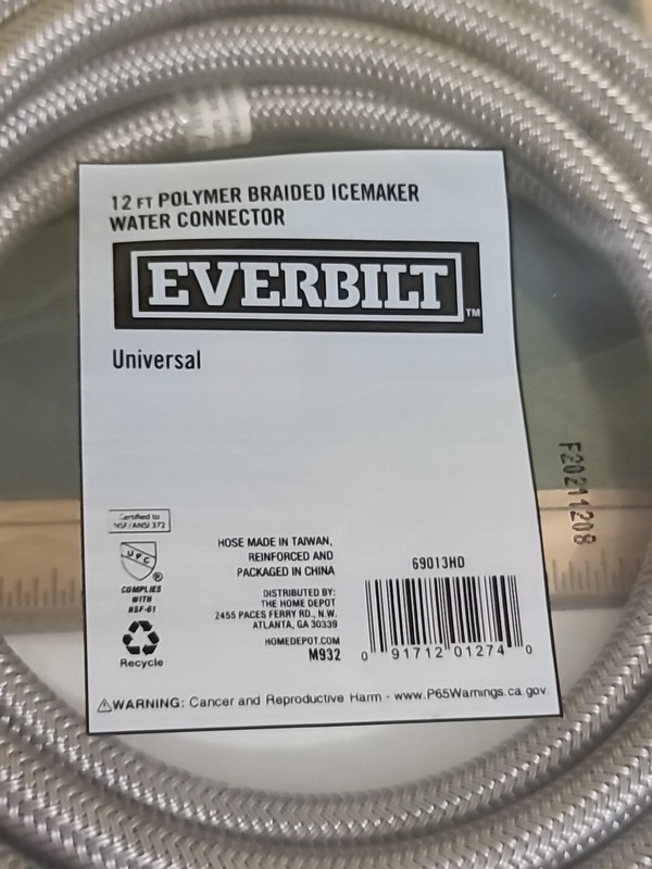 Everbilt 12ft Polymer Braided Icemaker Water Line Universal 1/4" Connector New. gallery