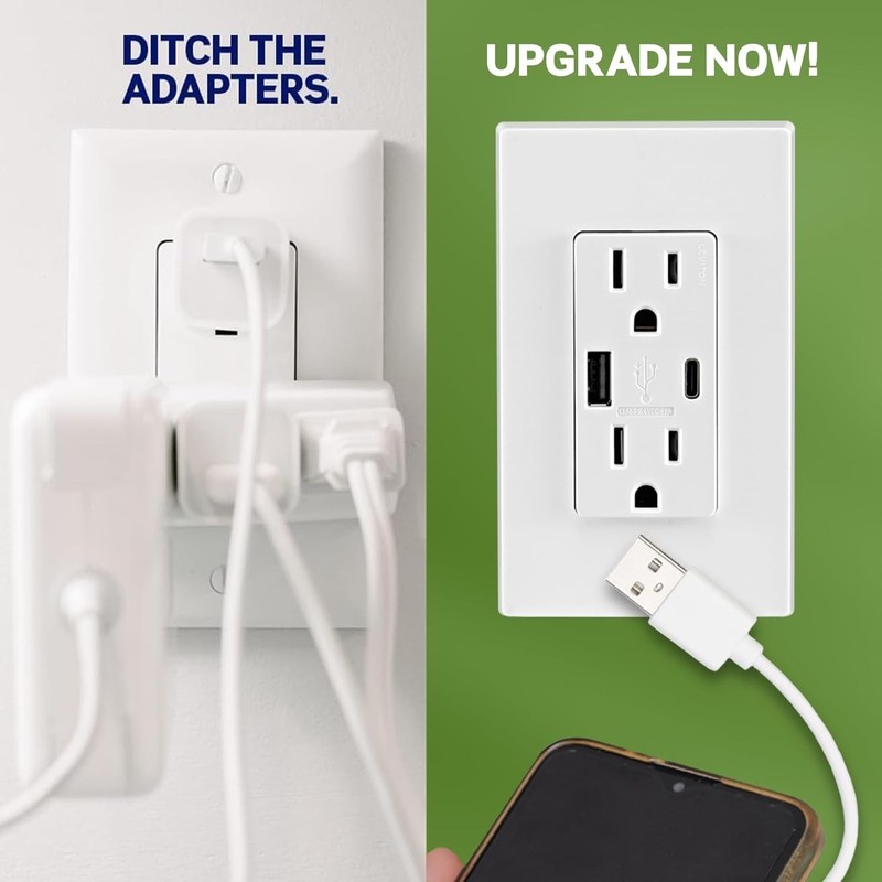 Type A & Type-C USB In-Wall Charger with 15A Tamper-Resistant Outlet, USB Cha... gallery