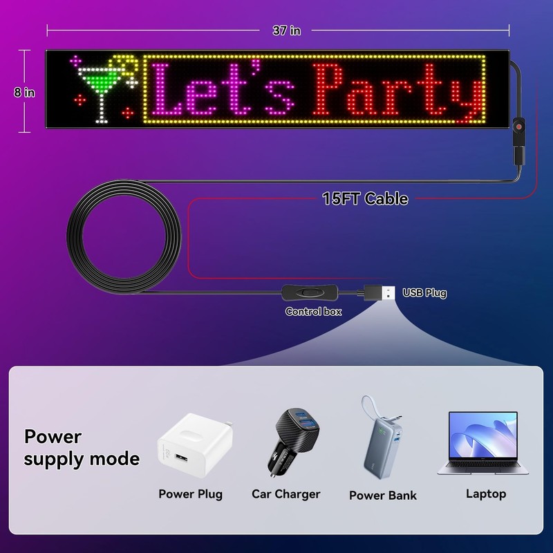 LED Sign - APP Control Scrolling&Stationary Display DIY 37x8in, Black gallery