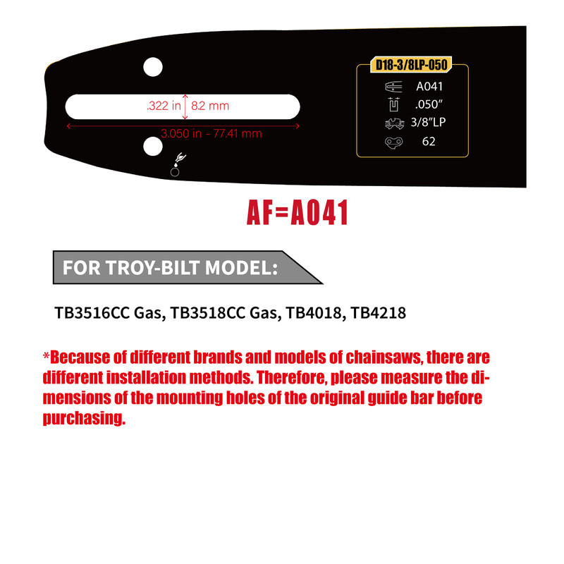 18"Chainsaw Guide Bar&Chains62DL,3/8"LP,050"G For TROY-BILT TB3516CC Gas,TB4018, gallery