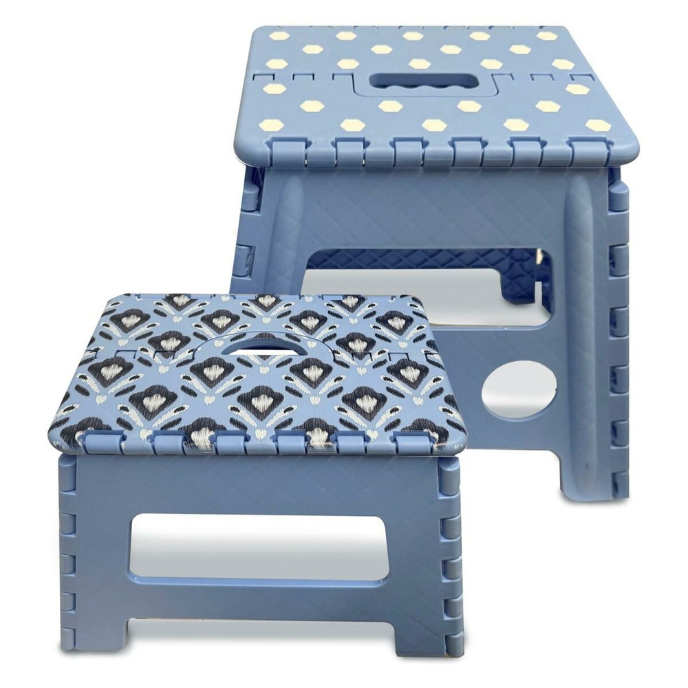 StoreSmith 9" & 13" Tall Plastic Folding Foldable Step Stools Blue 2 Piece Set