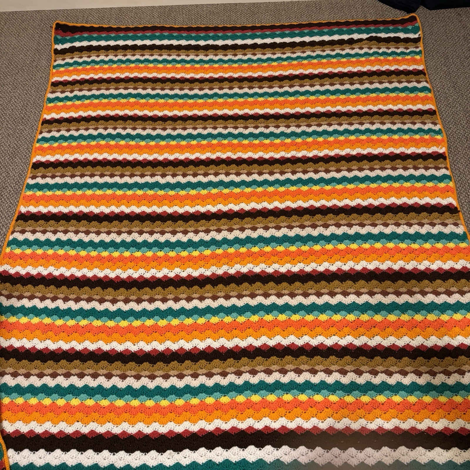 Crochet Afghan Throw Blanket Chevron Stripes 80”x63” VTG Handmade Fall Colors gallery