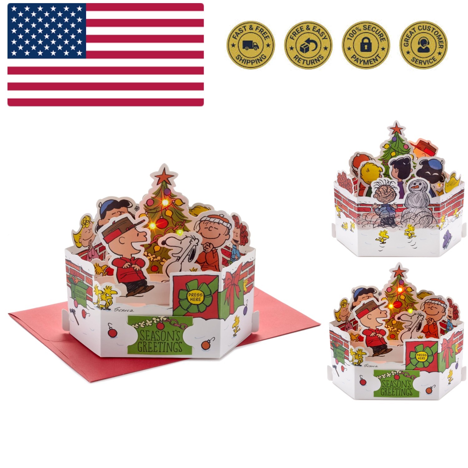 Paper Wonder Peanuts Displayable Pop Up Christmas Card with Light and Sound C... gallery