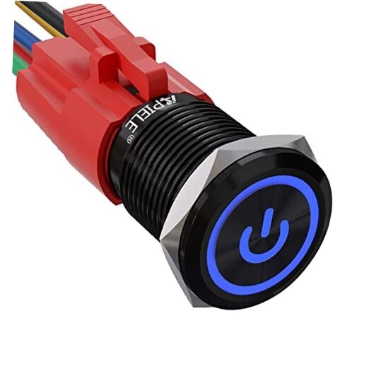 16mm Latching Push Button Switch 0.63" 12V Power Symbol Ring Blue/ Black Shell gallery