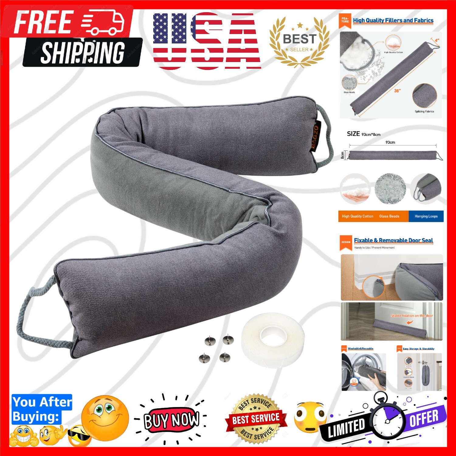 Washable 36 Inch Door Draft Blocker with Weighted Design for -Round Comfort gallery
