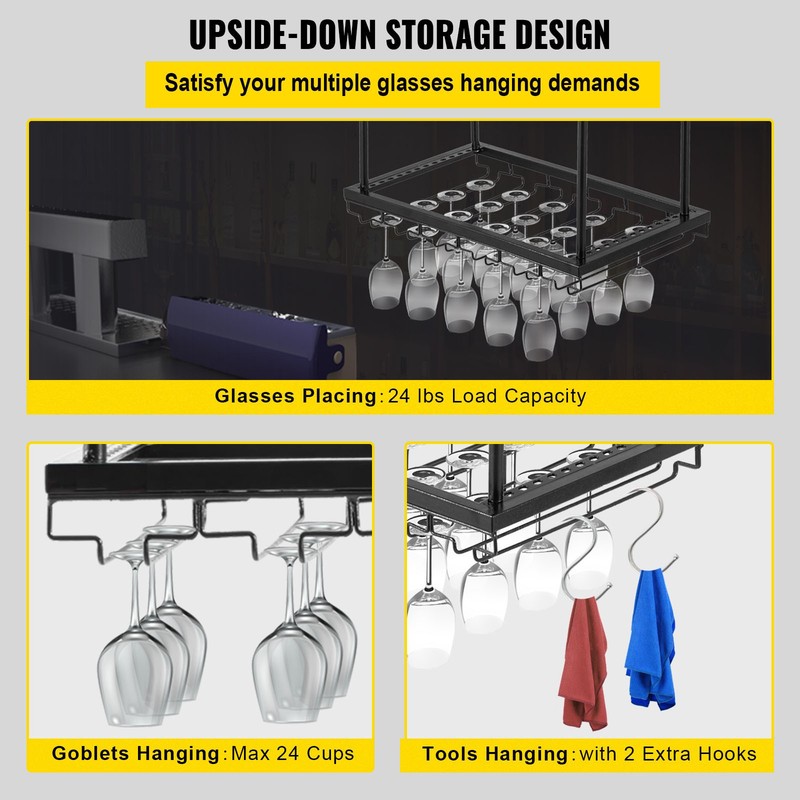 Uimoso Ceiling-Mounted Bar Wine Rack Wine Glass Hanging Rack 23.6x13.8in Black gallery