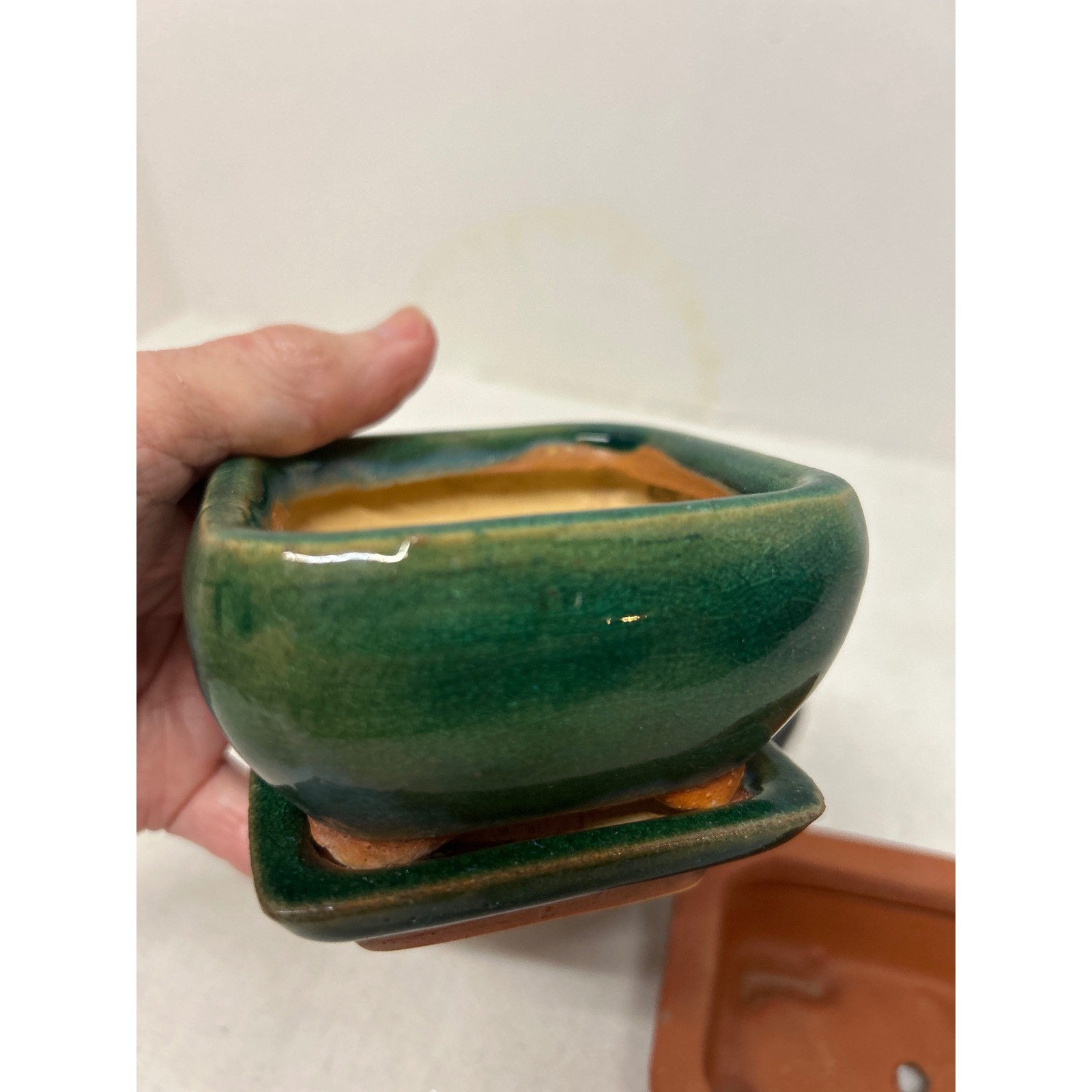 Small Bonsai Mame Pot Set 3pc Glazed Green Black Terracotta Rectangular Square gallery