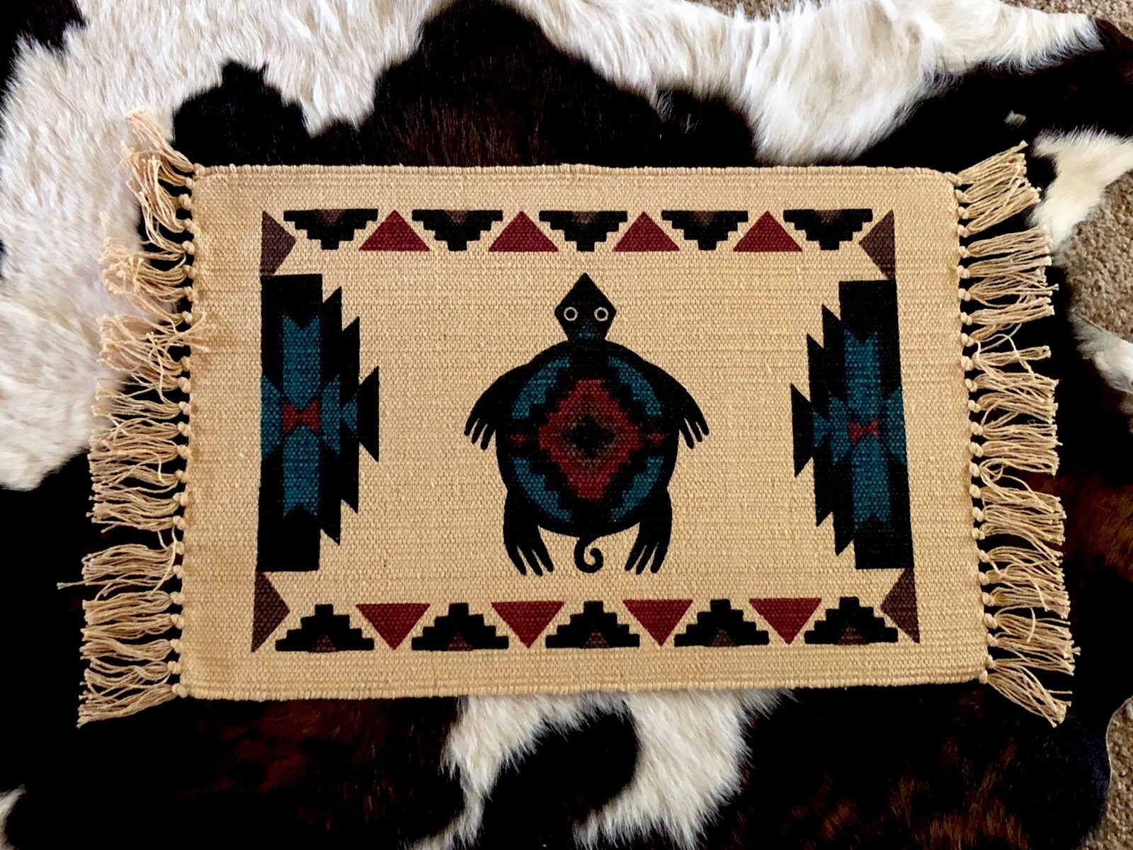 Southwestern TurtlePlacemat Woven Cotton Canvas Black Maroon Teal Table Runner gallery