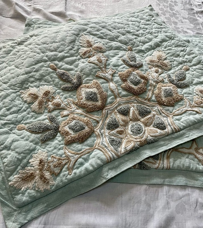Soft Surroundings Robin Egg Blue Embroidered Crewel Quilt Standard Pillow Shams gallery