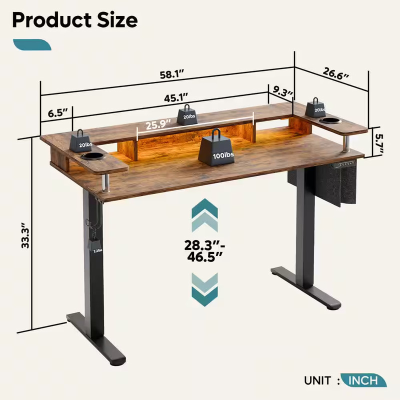 58 In. Rectangular Rustic Brown Wood Sit to Stand Desk with Monitor Stand and Cu gallery