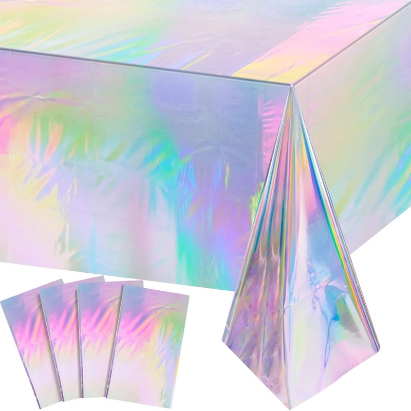 4 Pack Iridescent Plastic Tablecloths, Shiny Disposable Laser Rectangle Table... gallery