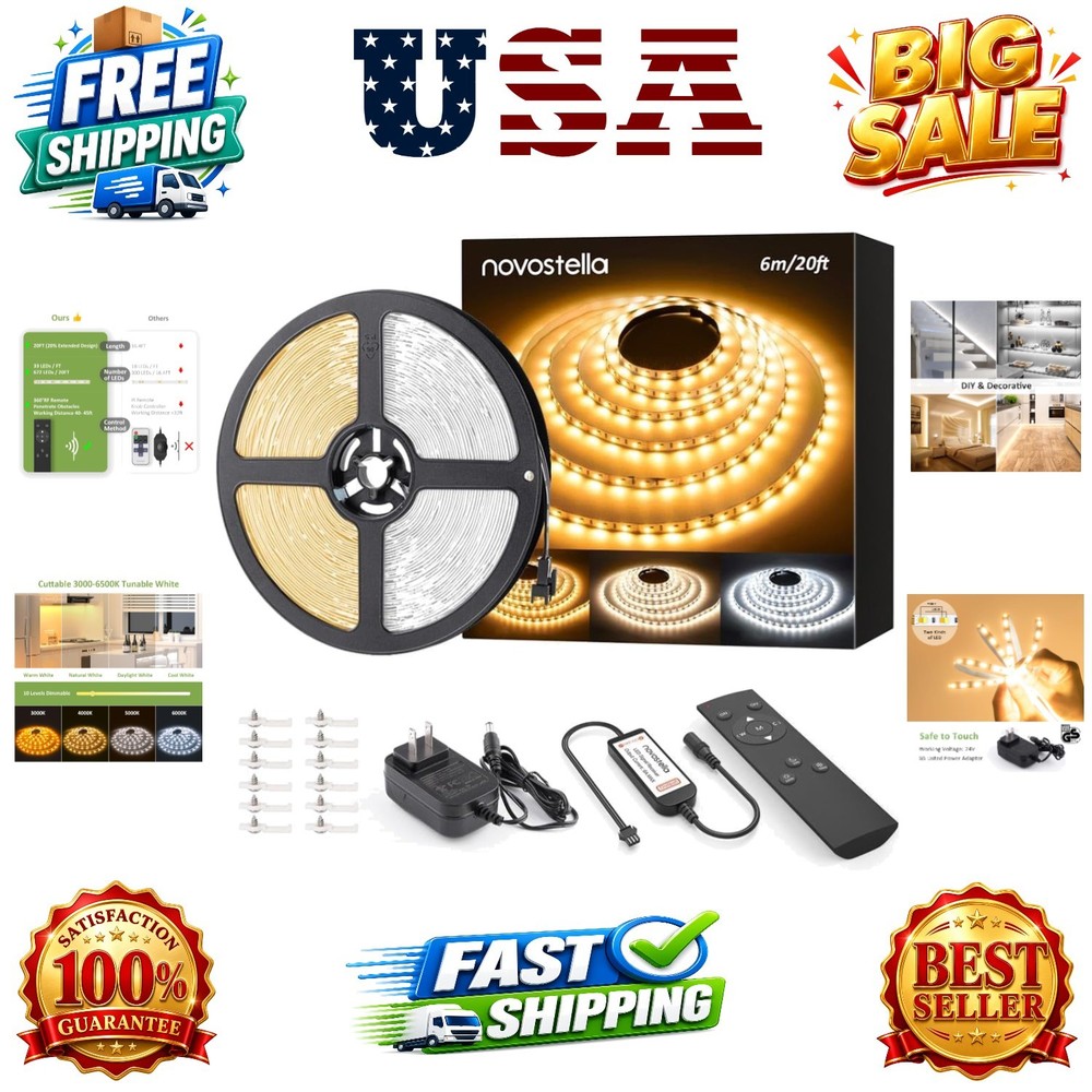 20ft Tunable White LED Strip Light kit Dimmable 3000K-6500K 24V LED Tape Ligh...