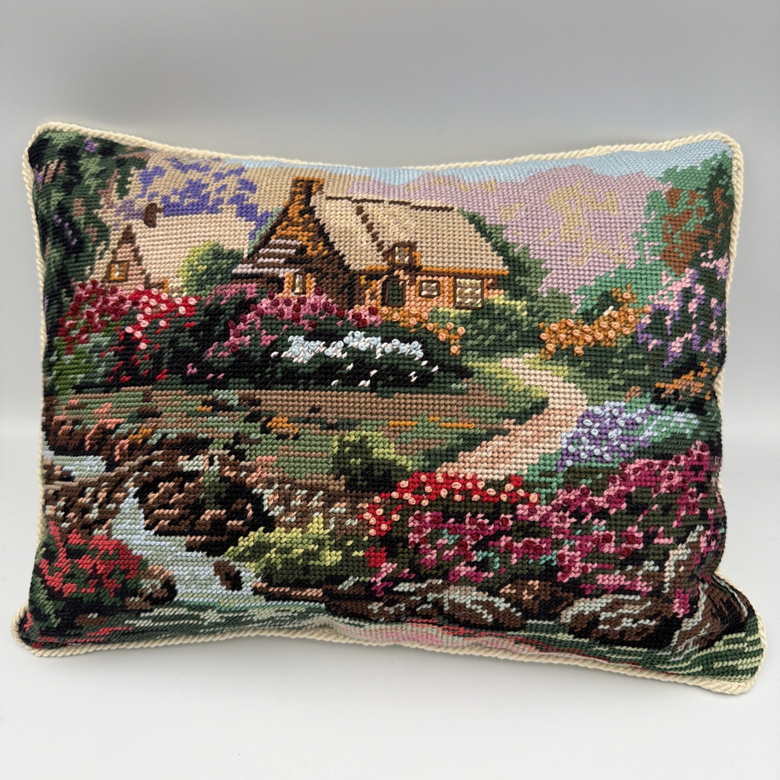 Vintage Needlepoint Pillow Petit Point Floral Cottage Colorful Handcrafted gallery